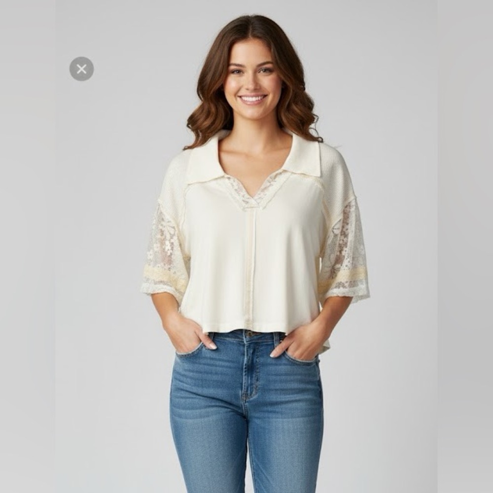 POL White Lace Knit Polo Top